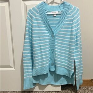 Christopher & Banks Aqua and White Striped Cardigan